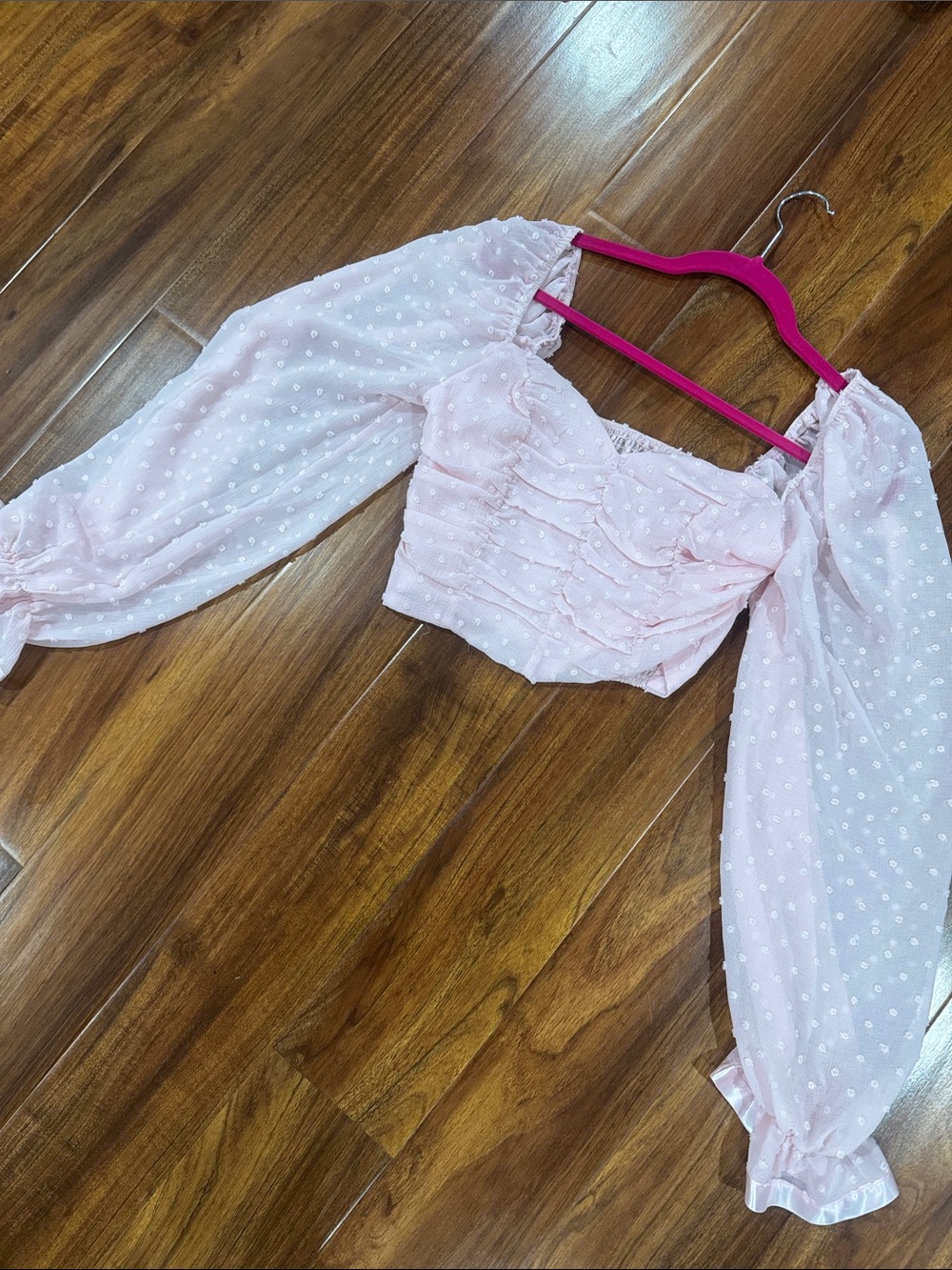Pink Swiss Dot Puff Sleeve Crop Top